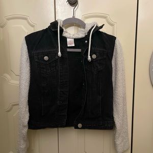 No Boundaries Black and White Hooded Denim Jacket with teddy sleeves